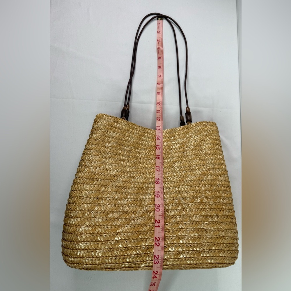 Straw Tan Woven Handbag Beaded Straps - Picture 5 of 7